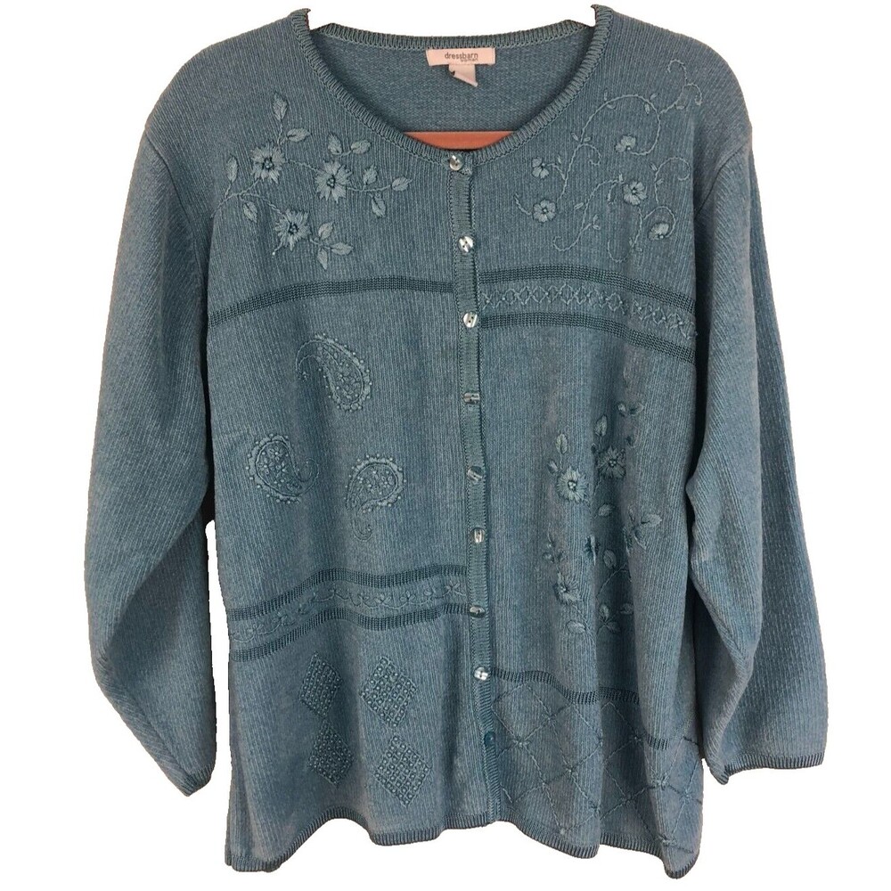 Dressbarn Cardigan Womens 2X Blue Floral & Paisley Beaded Embroider Long Sleeve